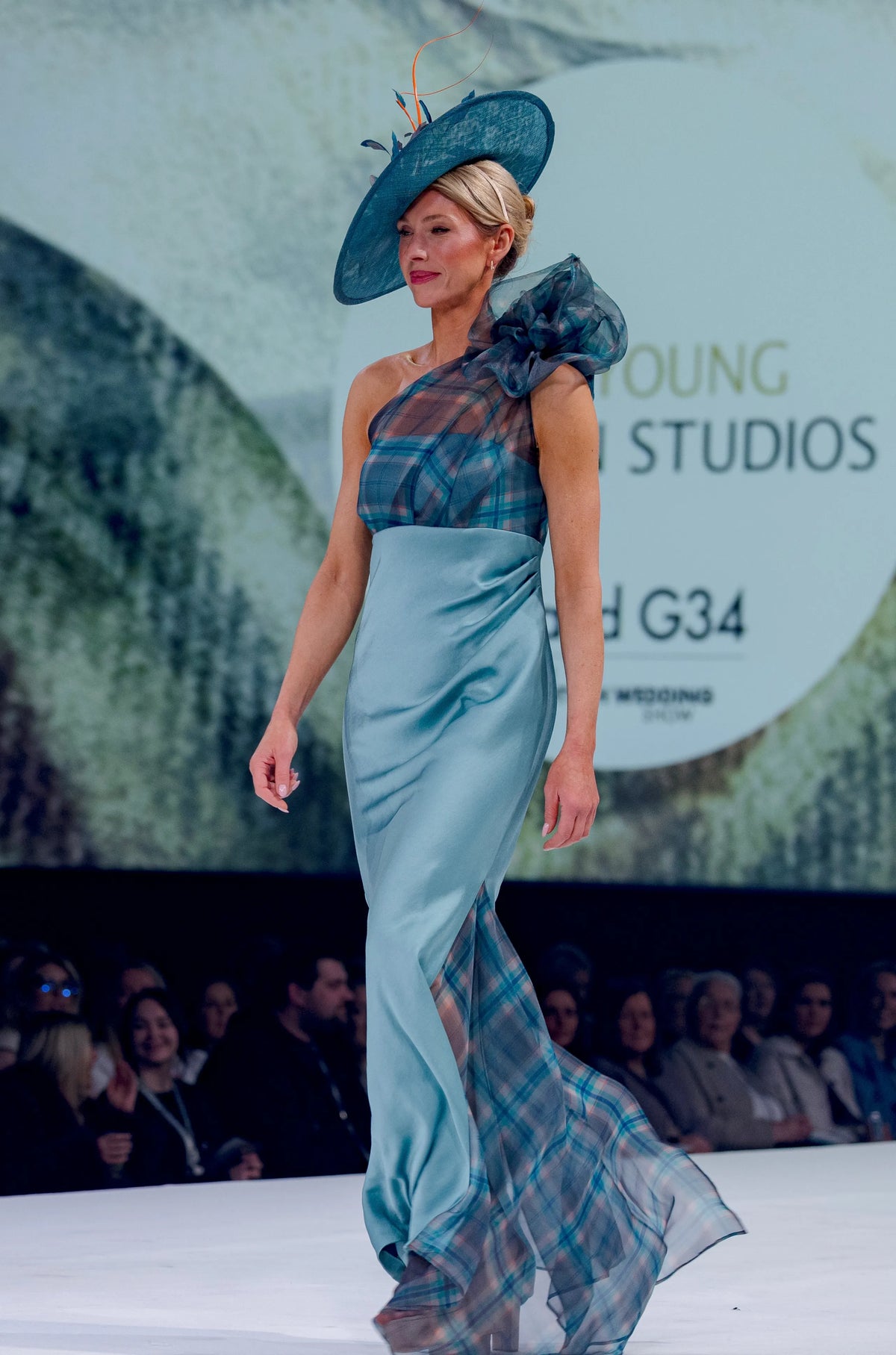 Empire line satin dress with Tartan Organza bodice and godet