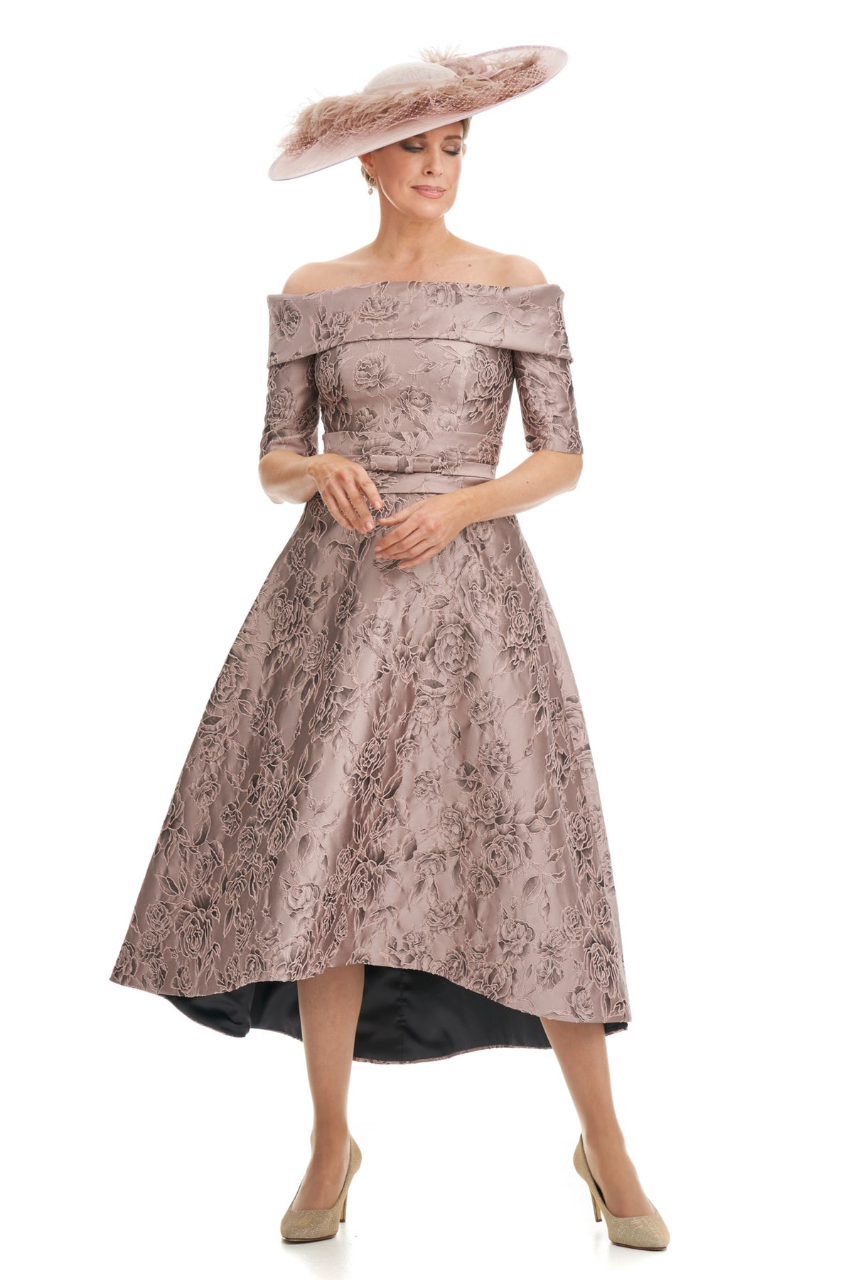 Jacquard Bardot Neckline Dress with Low Hemline