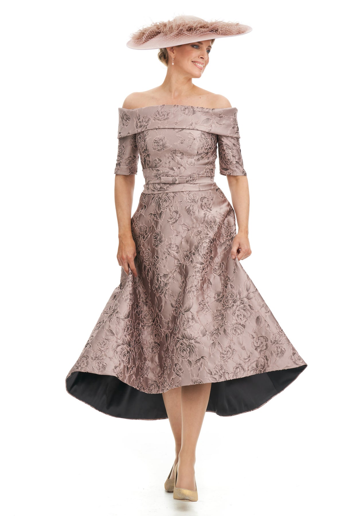 Occasion Wear - Jacquard Bardot Neckline Dress with Low Hemline