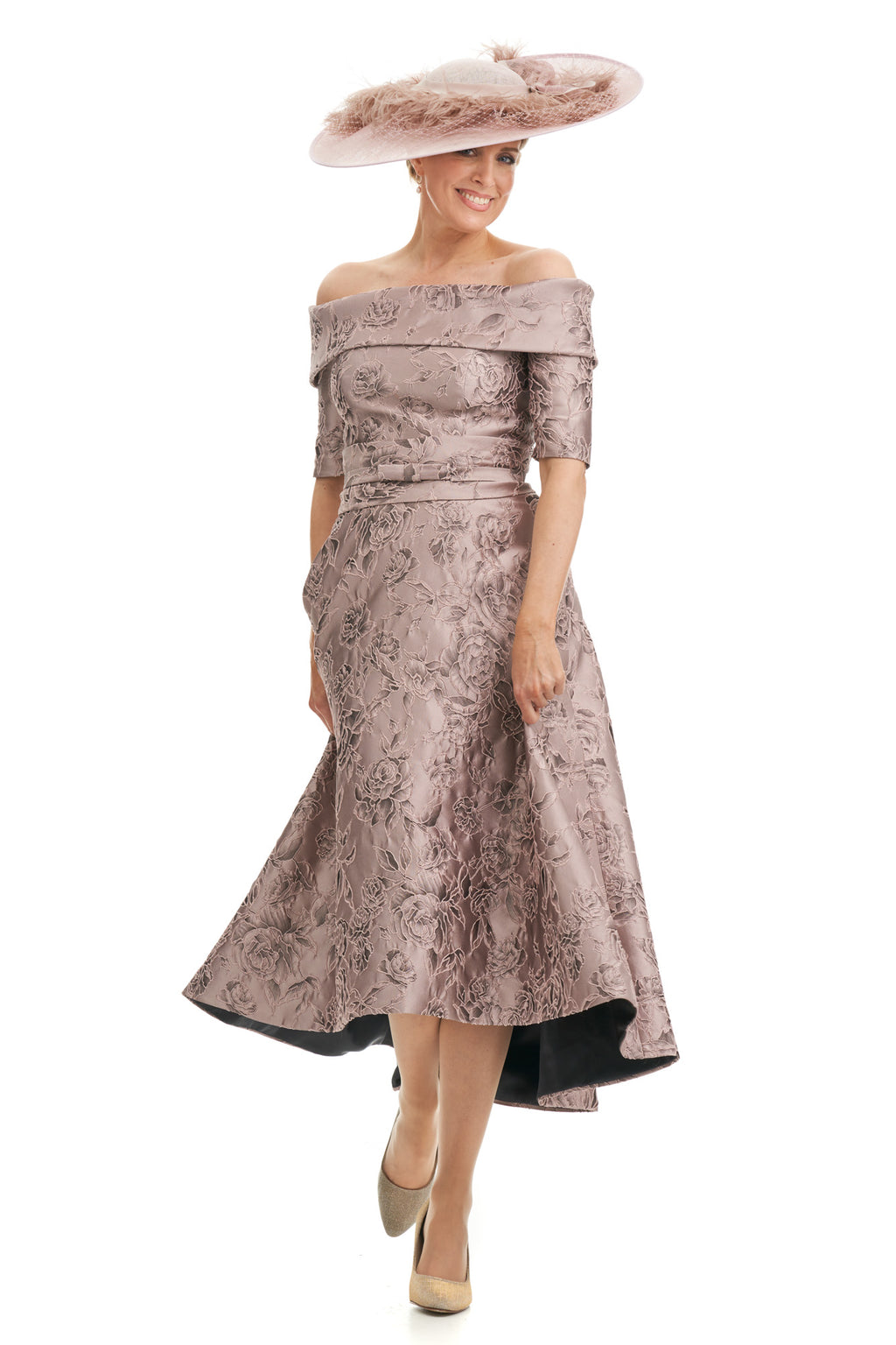 Occasion Wear - Jacquard Bardot Neckline Dress with Low Hemline