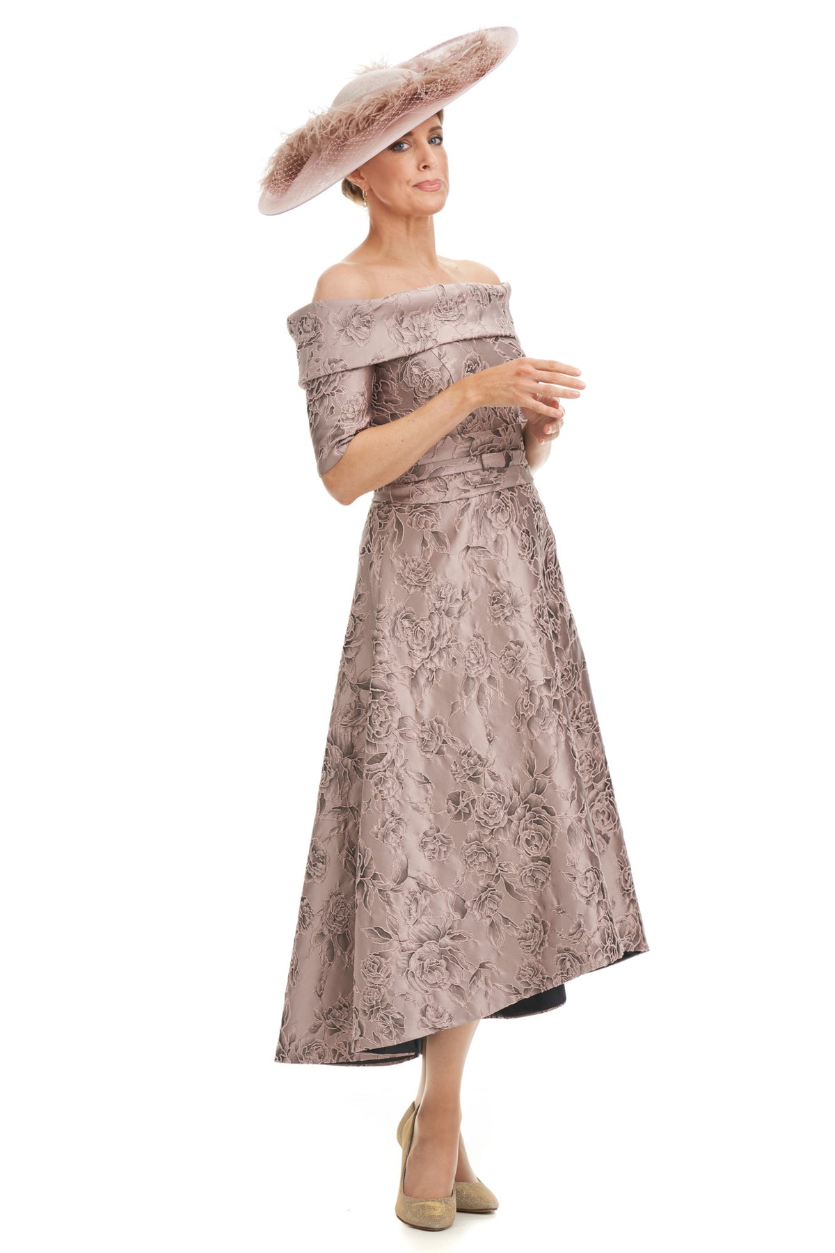 Occasion Wear - Jacquard Bardot Neckline Dress with Low Hemline