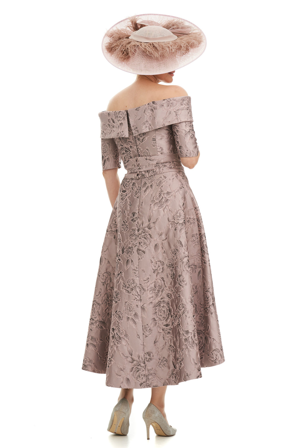 Occasion Wear - Jacquard Bardot Neckline Dress with Low Hemline
