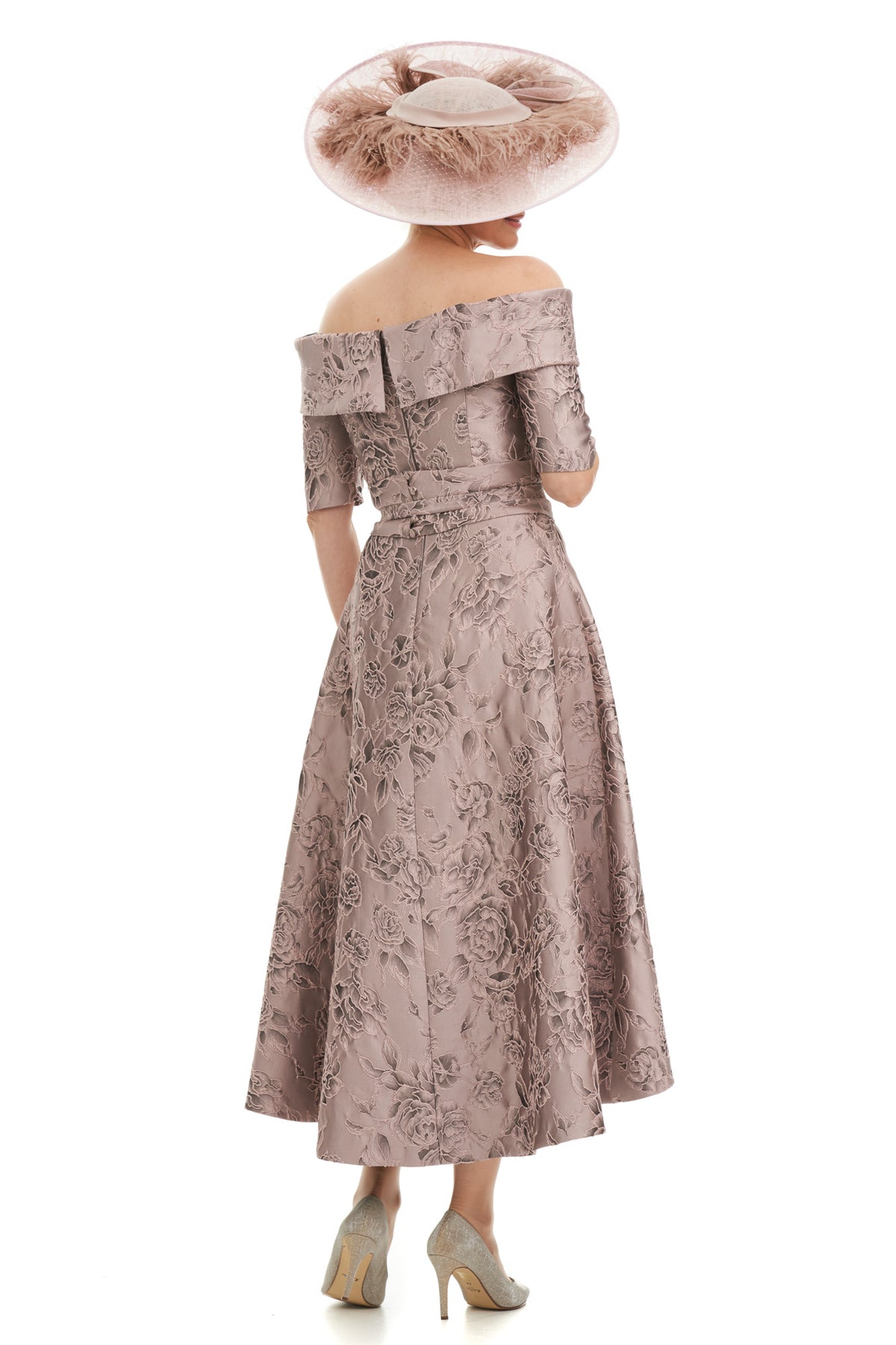Occasion Wear - Jacquard Bardot Neckline Dress with Low Hemline