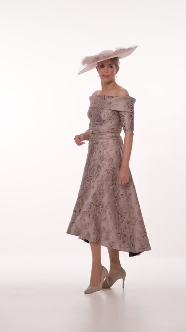 Occasion Wear - Jacquard Bardot Neckline Dress with Low Hemline