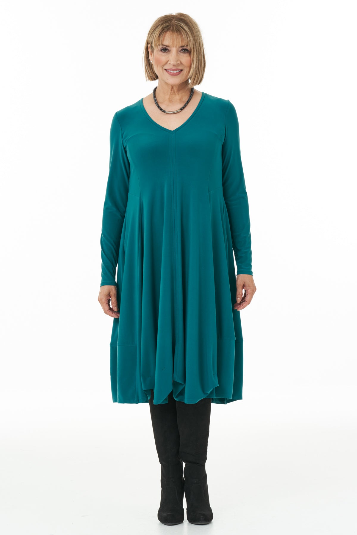 Casual Chic - Long Sleeved Knit Bubble Dress in Jade