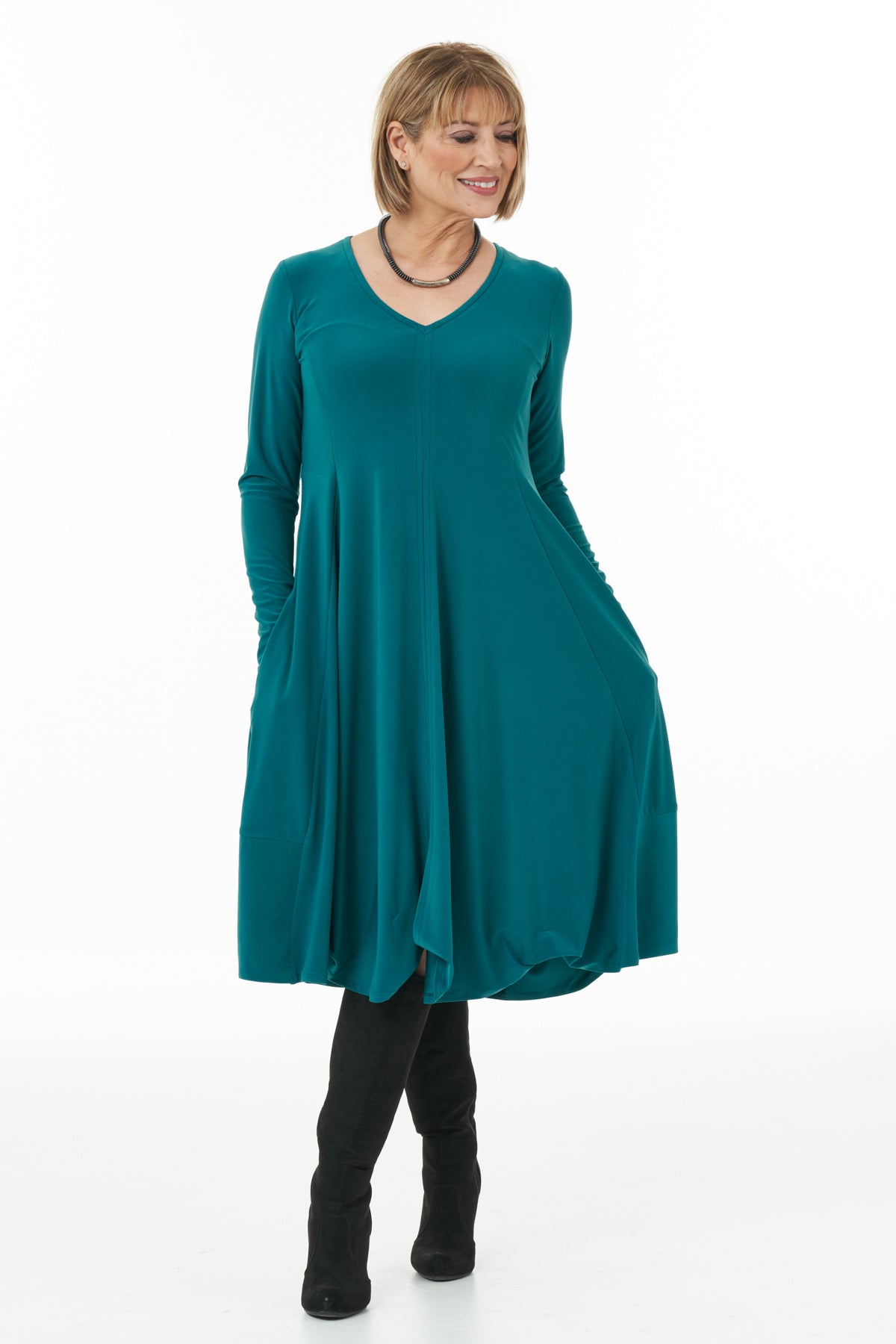 Casual Chic - Long Sleeved Knit Bubble Dress in Jade
