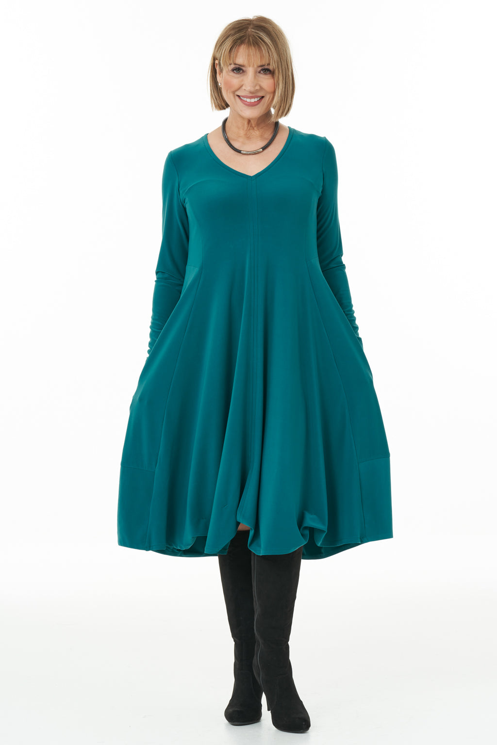 Long Sleeved Knit Bubble Dress in Jade