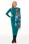 Long Sleeved Pleated Knit Dress in Jade