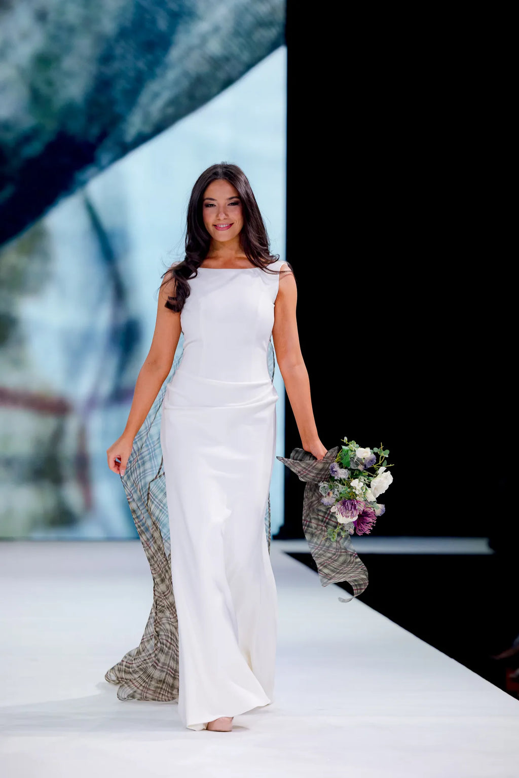 Drape front wedding dress with detachable tartan organza train