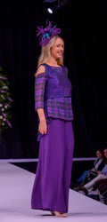 3 piece Trouser Outfit with Palazzo pants and cropped top over pleat back tartan tunic