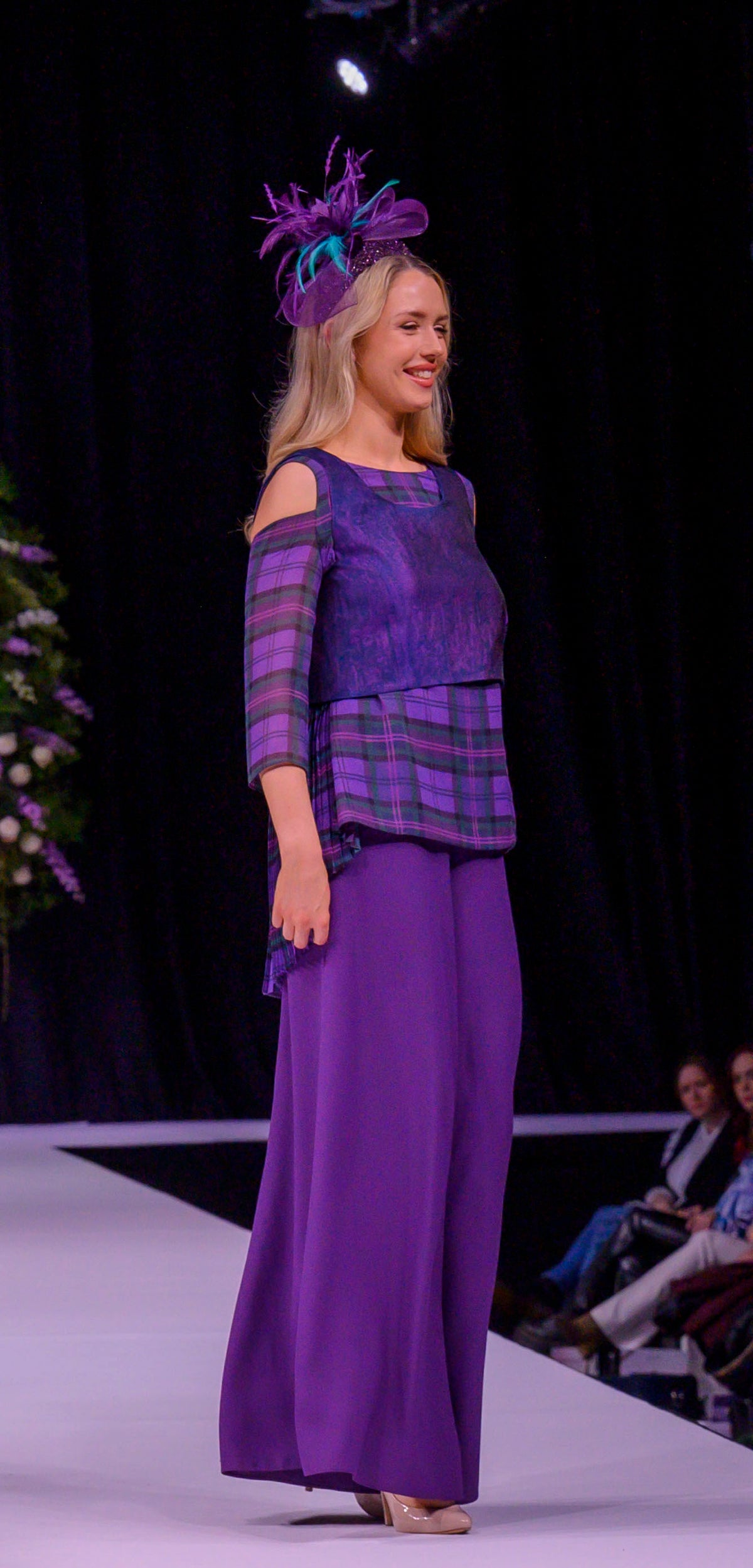 3 piece Trouser Outfit with Palazzo pants and cropped top over pleat back tartan tunic