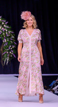 Forties Style Floral Satin panelled Dress with Polka Dot Trims