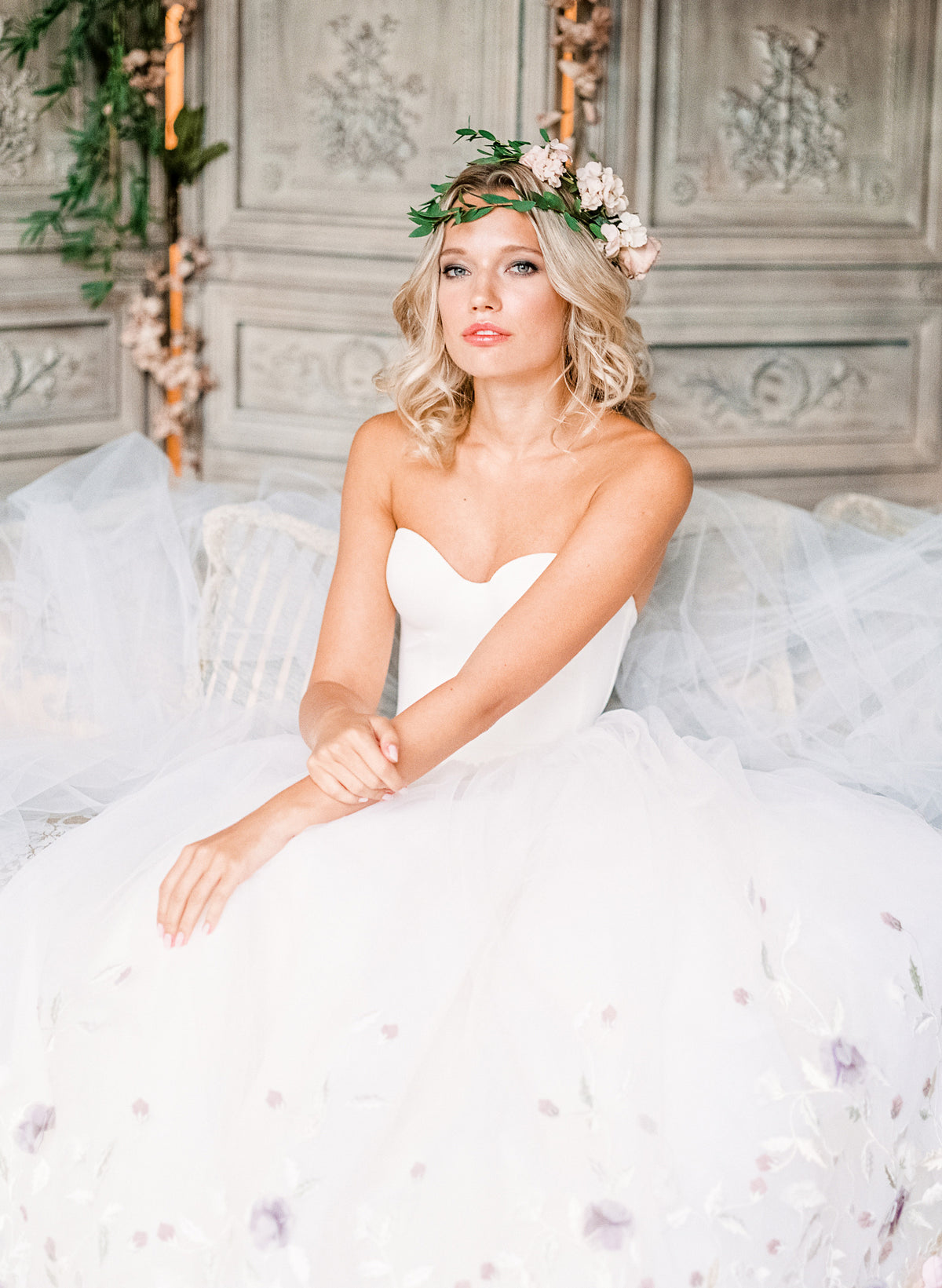 SALE - Strapless Wedding Gown with Floral Embroidery