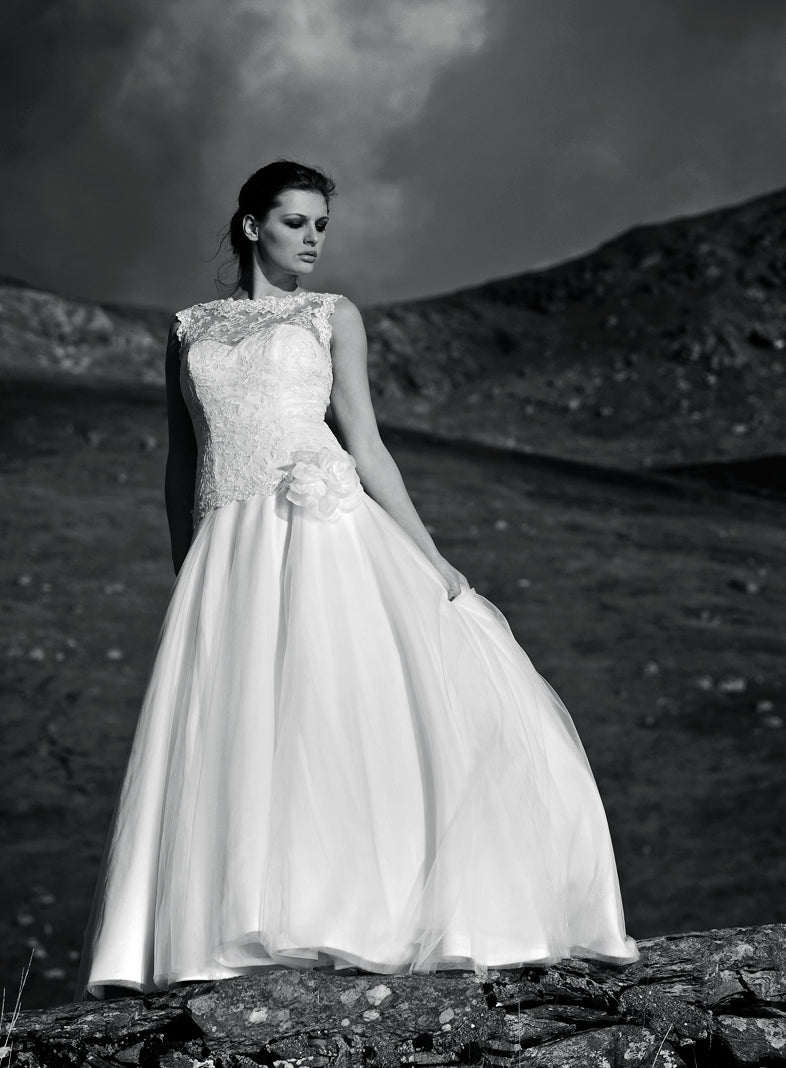 SALE - Lace & Tulle A-Line Wedding Dress with Floral Waist Detail