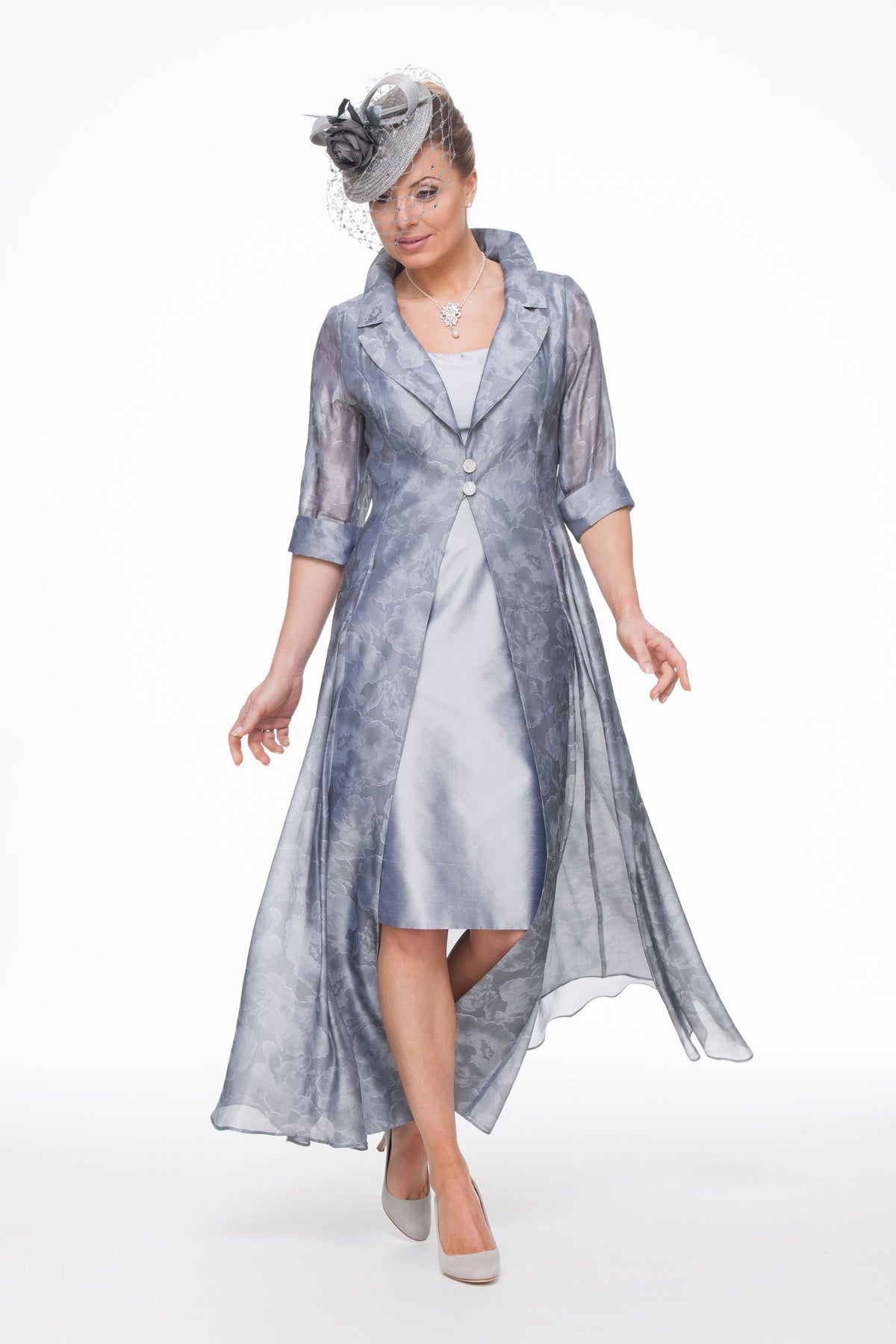 Occasion Wear - Long length jacquard coat and short silk dress