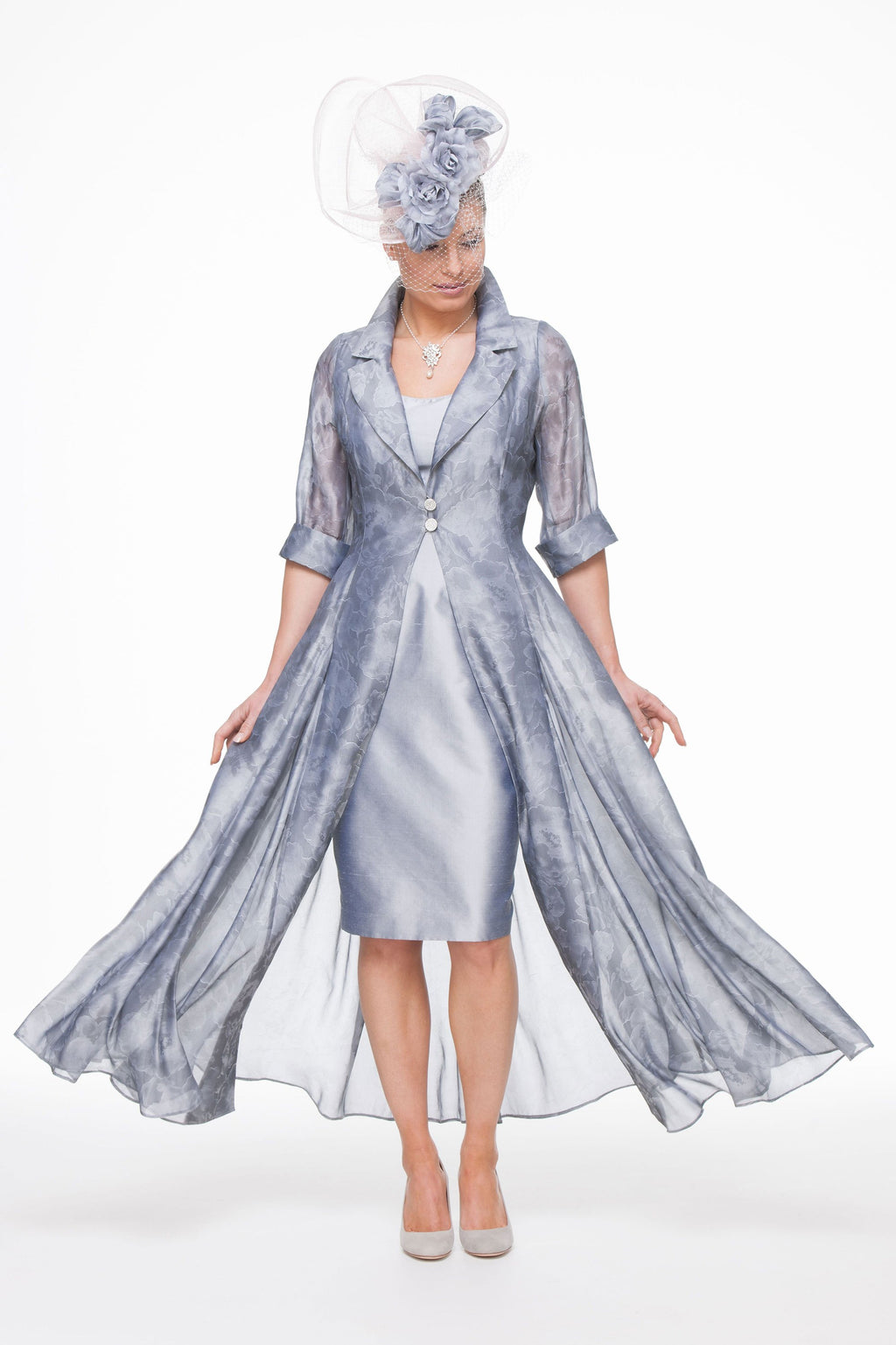 Occasion Wear - Long length jacquard coat and short silk dress