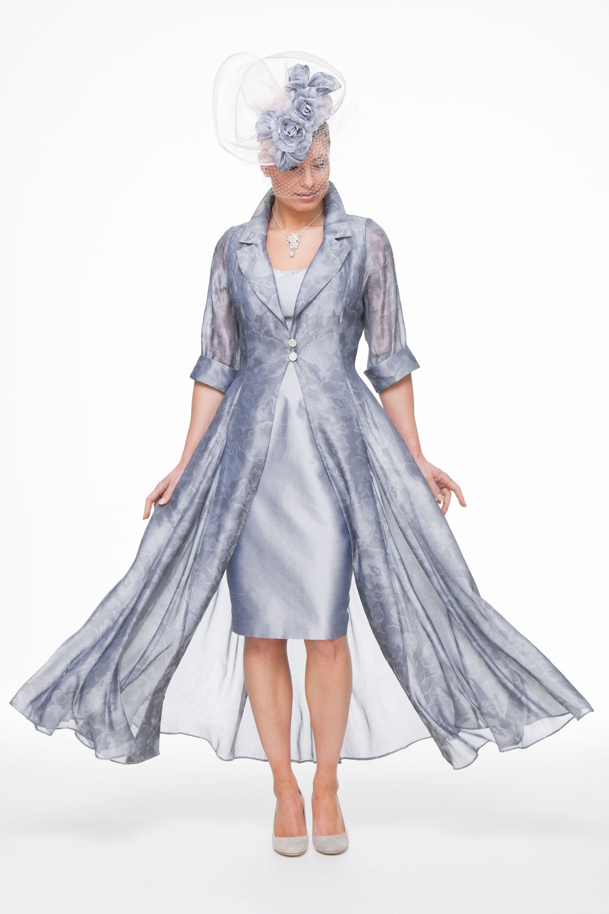 Occasion Wear - Long length jacquard coat and short silk dress
