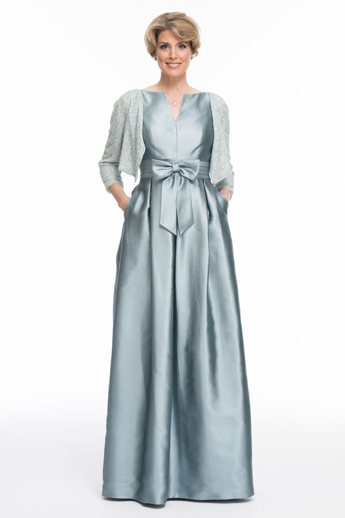 Occasion Wear - Long Shantung Silk Dress and Hand Beaded Cardigan
