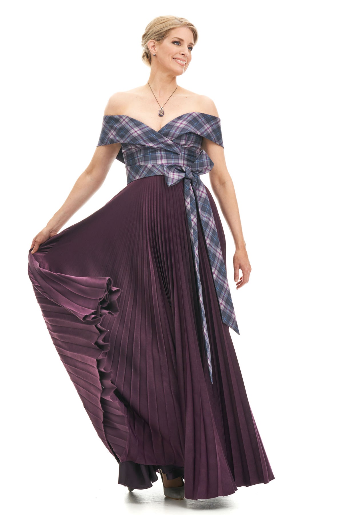 Tartan Long Sunray Pleat Dress with Tartan Off Shoulder Bodice