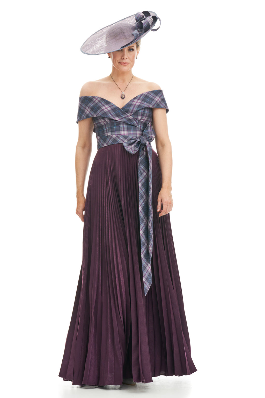 Tartan Long Sunray Pleat Dress with Tartan Off Shoulder Bodice