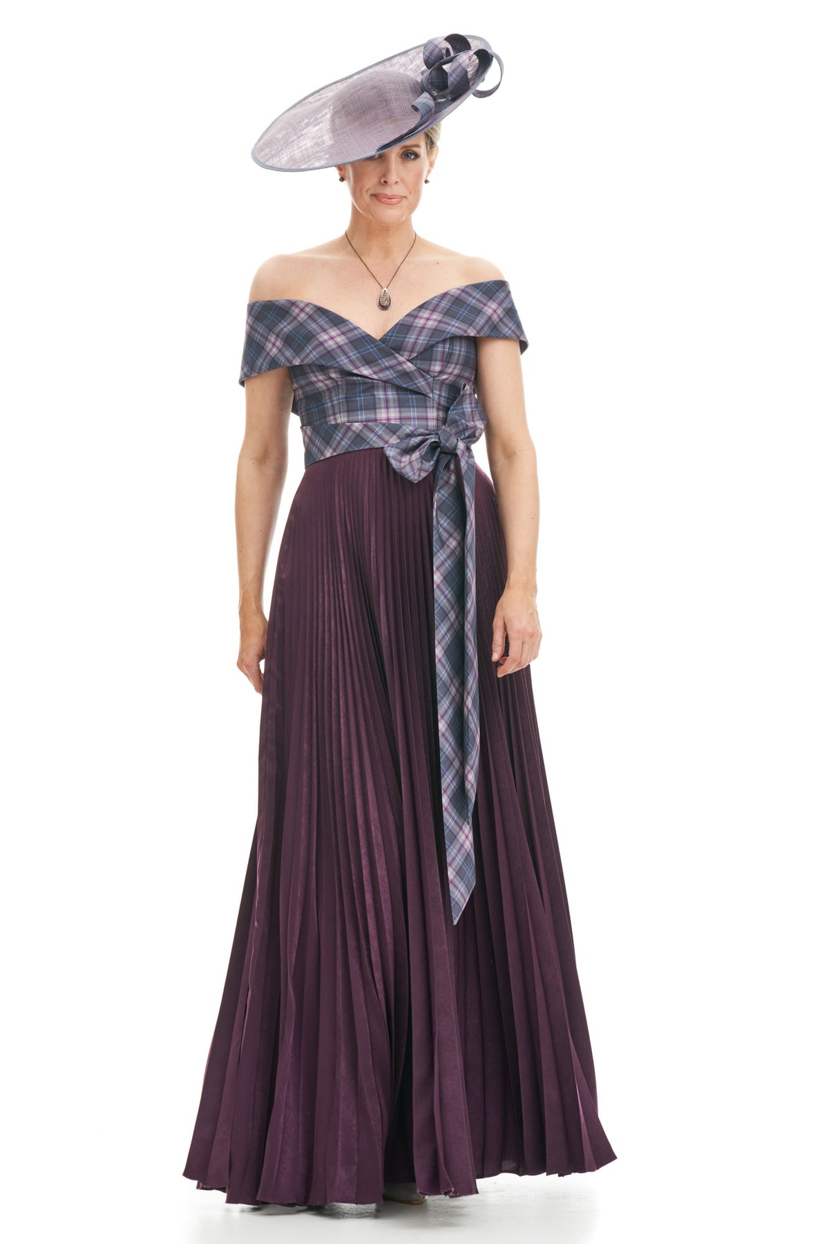 Tartan Long Sunray Pleat Dress with Tartan Off Shoulder Bodice