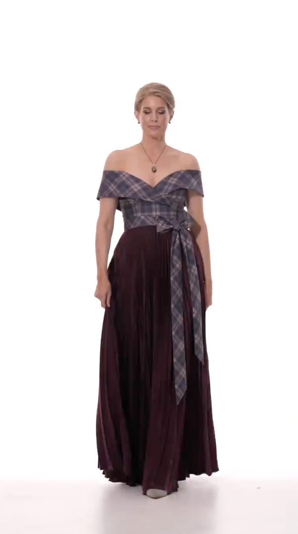 Tartan Long Sunray Pleat Dress with Tartan Off Shoulder Bodice