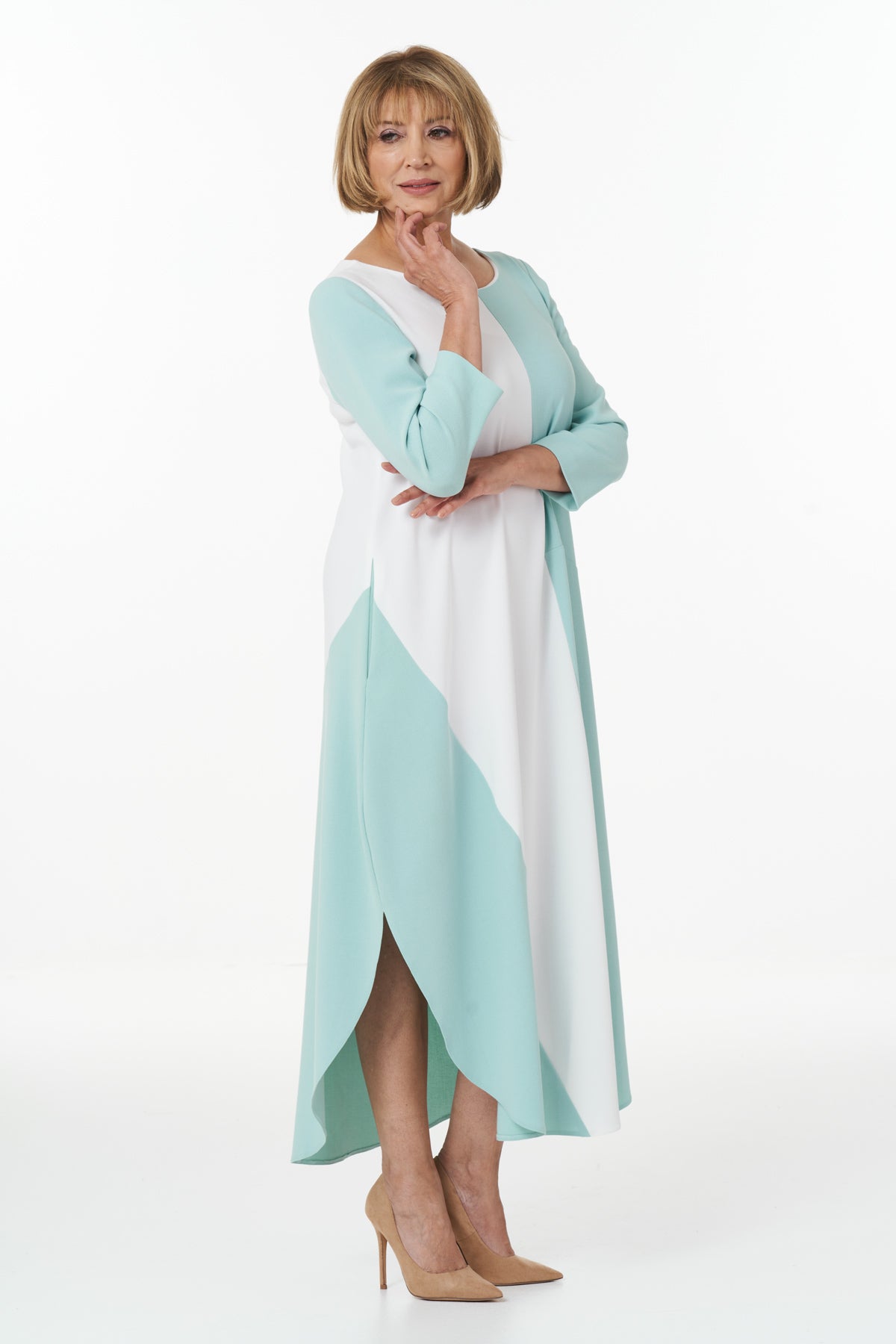 Occasion Wear - Colour Block Dress in Mint and Ivory
