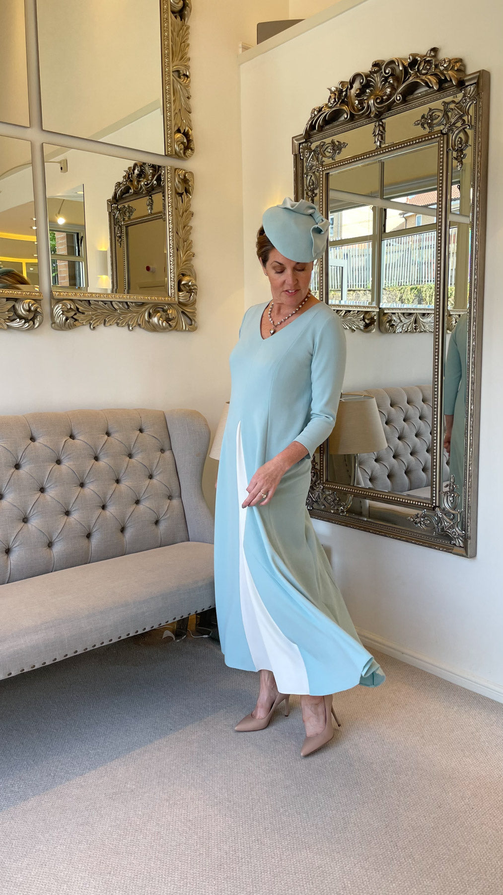 Occasion Wear - Panelled Dress with Contrast Inset in Mint and Ivory