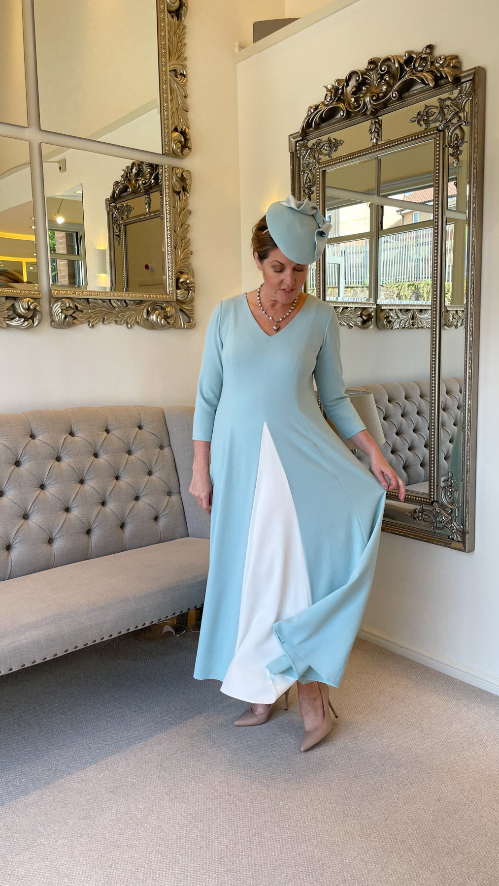 Occasion Wear - Panelled Dress with Contrast Inset in Mint and Ivory