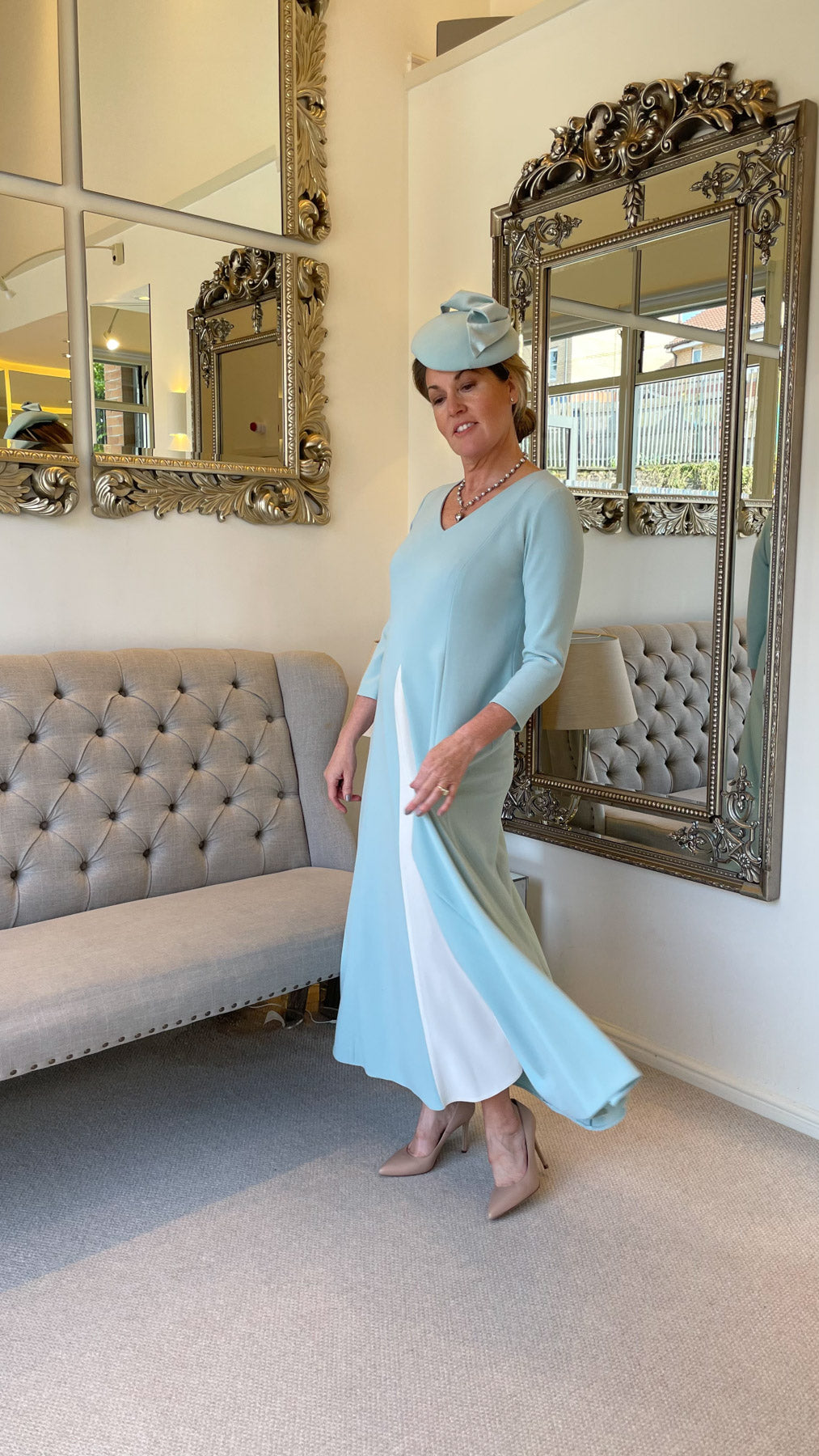 Occasion Wear - Panelled Dress with Contrast Inset in Mint and Ivory