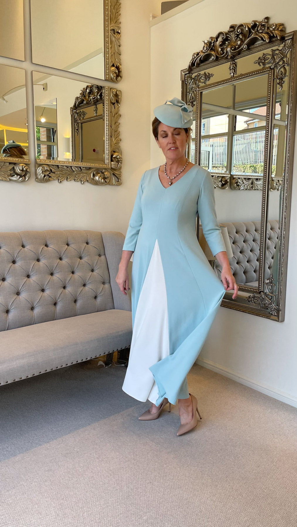 Occasion Wear - Panelled Dress with Contrast Inset in Mint and Ivory