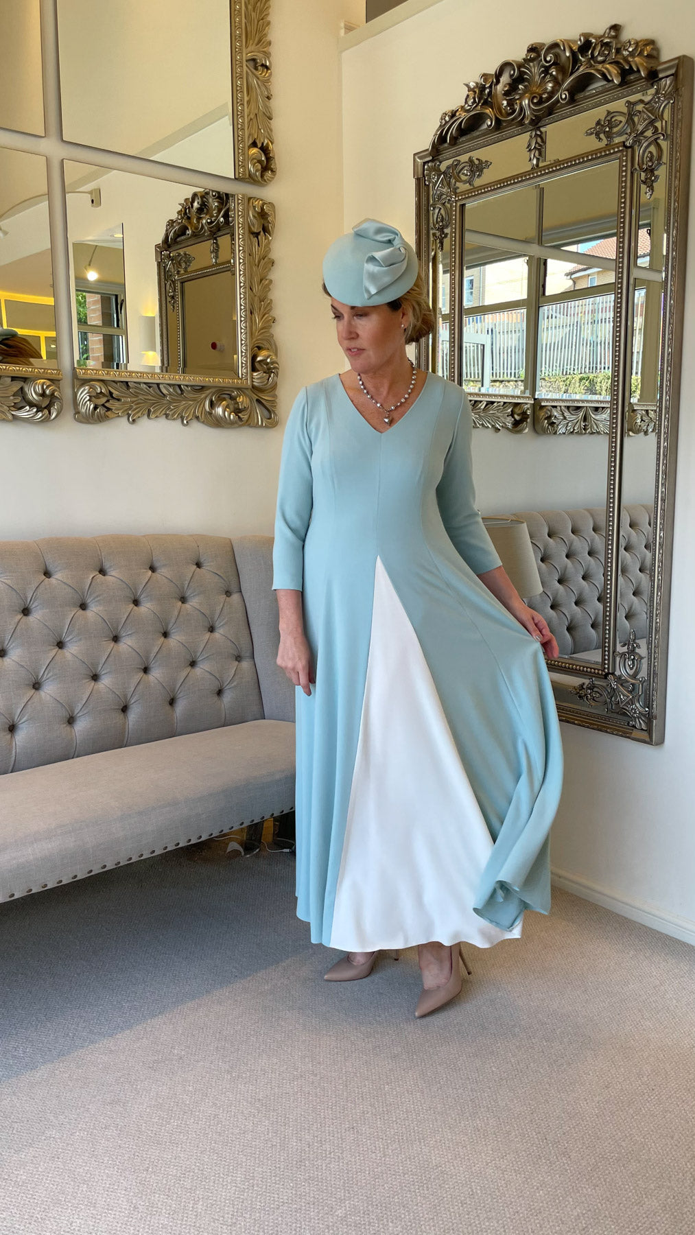 Occasion Wear - Panelled Dress with Contrast Inset in Mint and Ivory