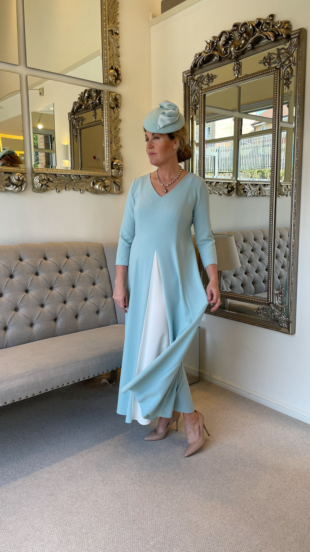 Occasion Wear - Panelled Dress with Contrast Inset in Mint and Ivory