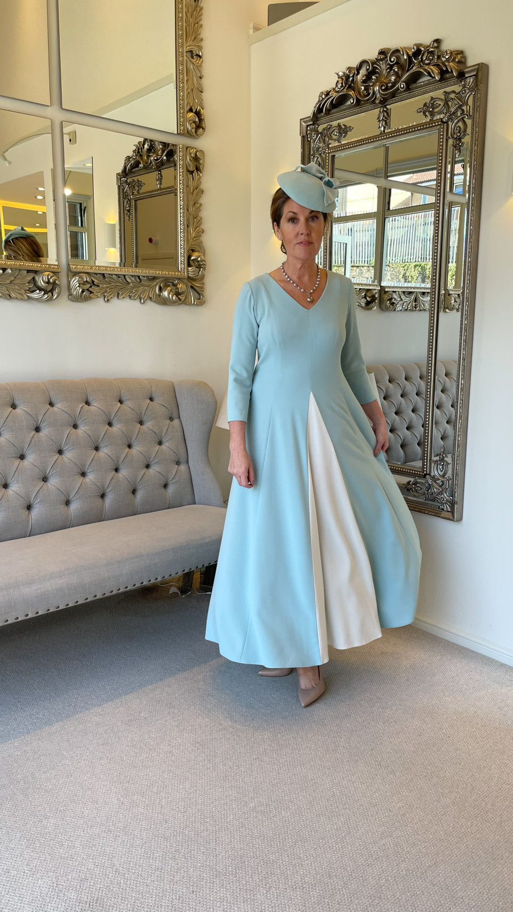Occasion Wear - Panelled Dress with Contrast Inset in Mint and Ivory