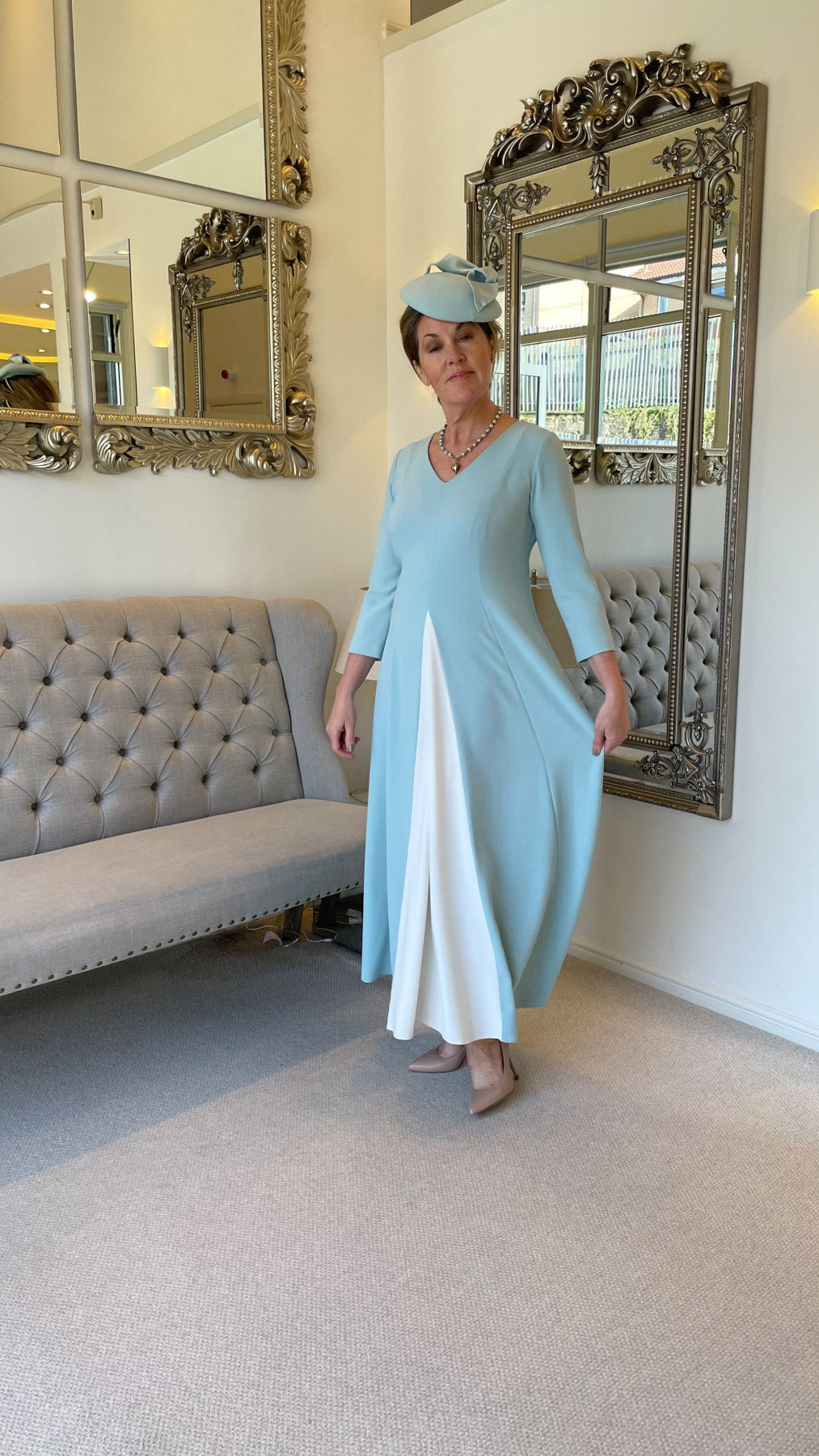 Occasion Wear - Panelled Dress with Contrast Inset in Mint and Ivory