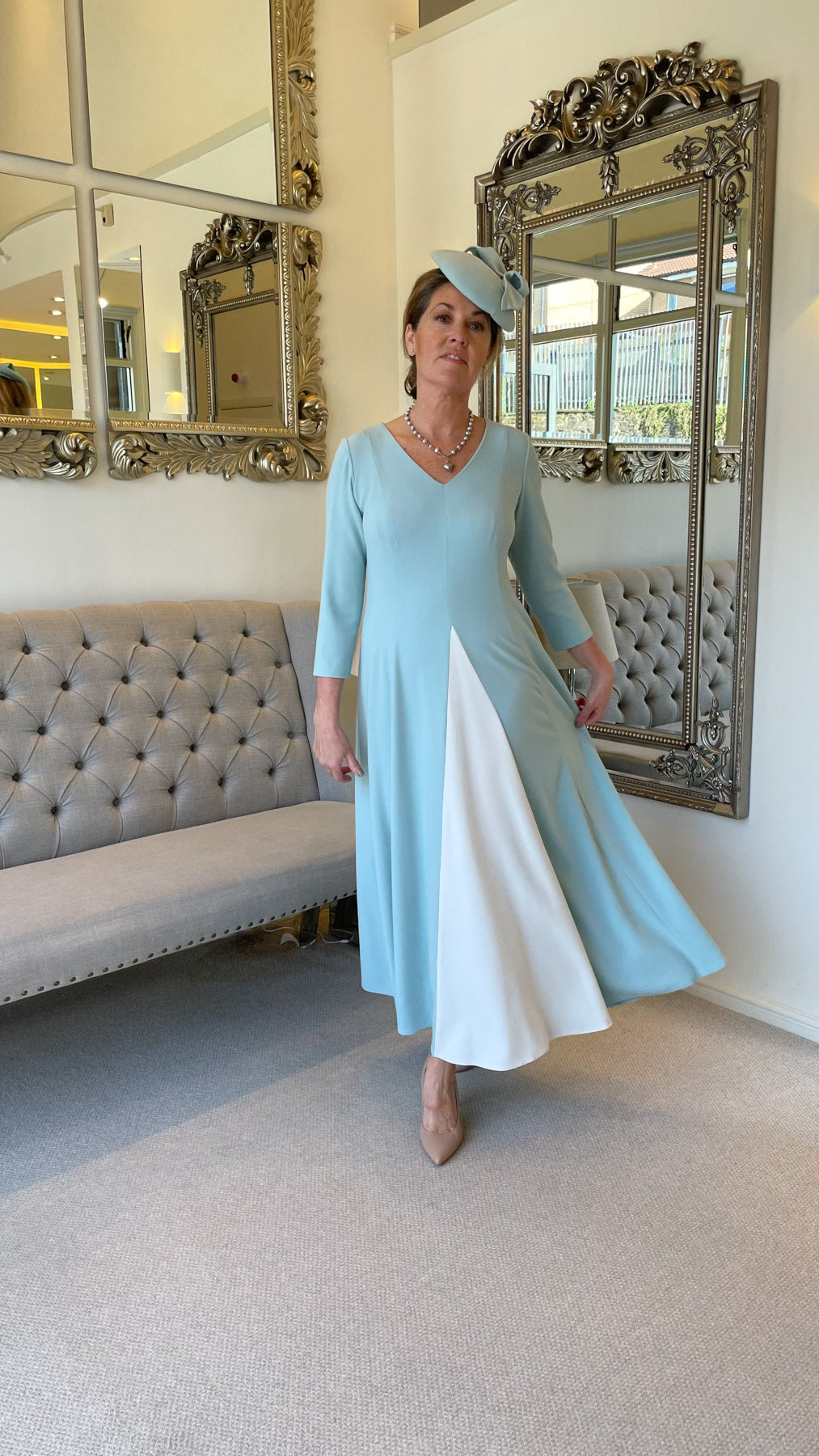 Occasion Wear - Panelled Dress with Contrast Inset in Mint and Ivory