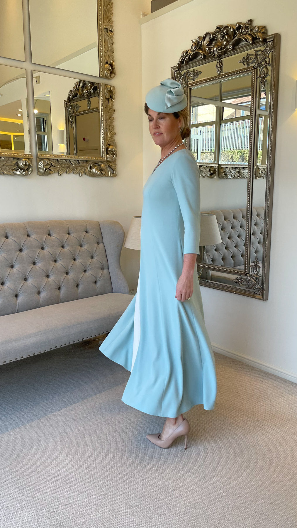 Occasion Wear - Panelled Dress with Contrast Inset in Mint and Ivory