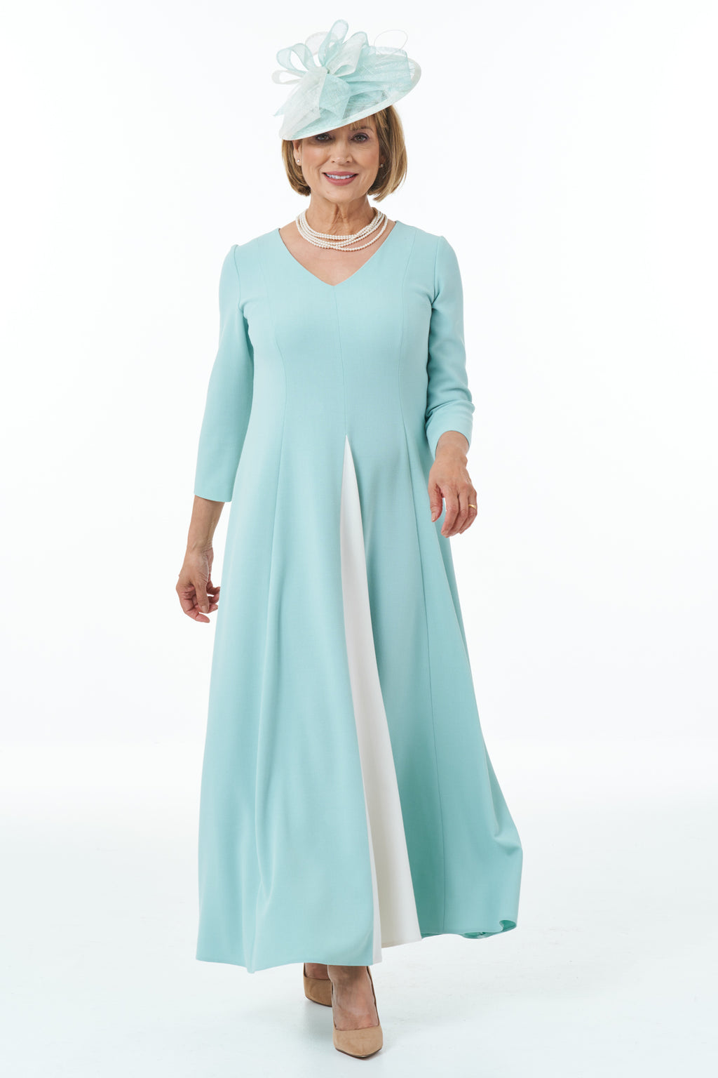 Occasion Wear - Panelled Dress with Contrast Inset in Mint and Ivory