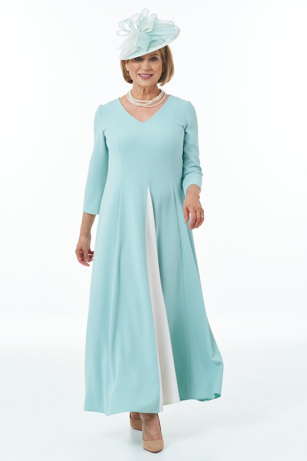 Occasion Wear - Panelled Dress with Contrast Inset in Mint and Ivory