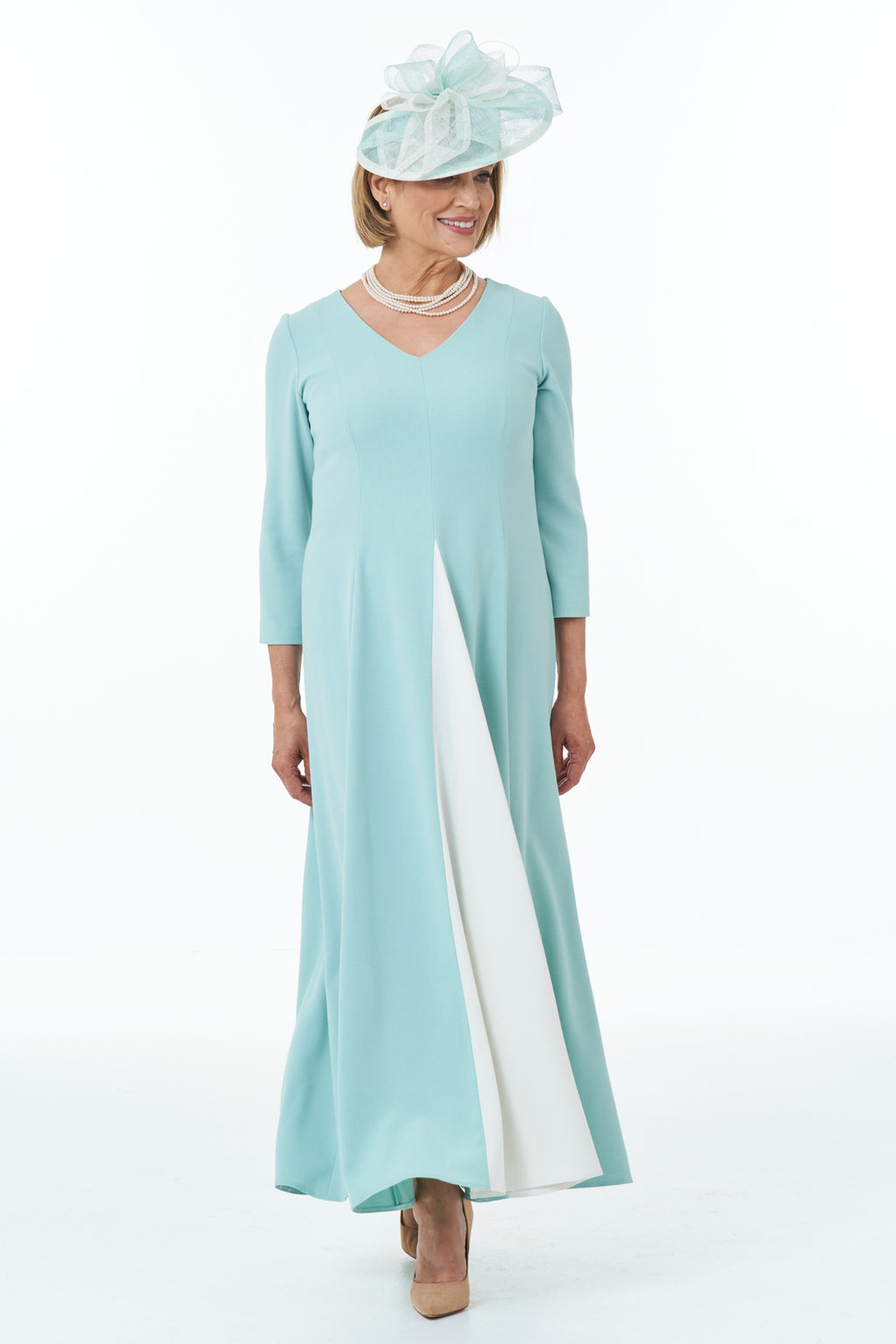 Occasion Wear - Panelled Dress with Contrast Inset in Mint and Ivory