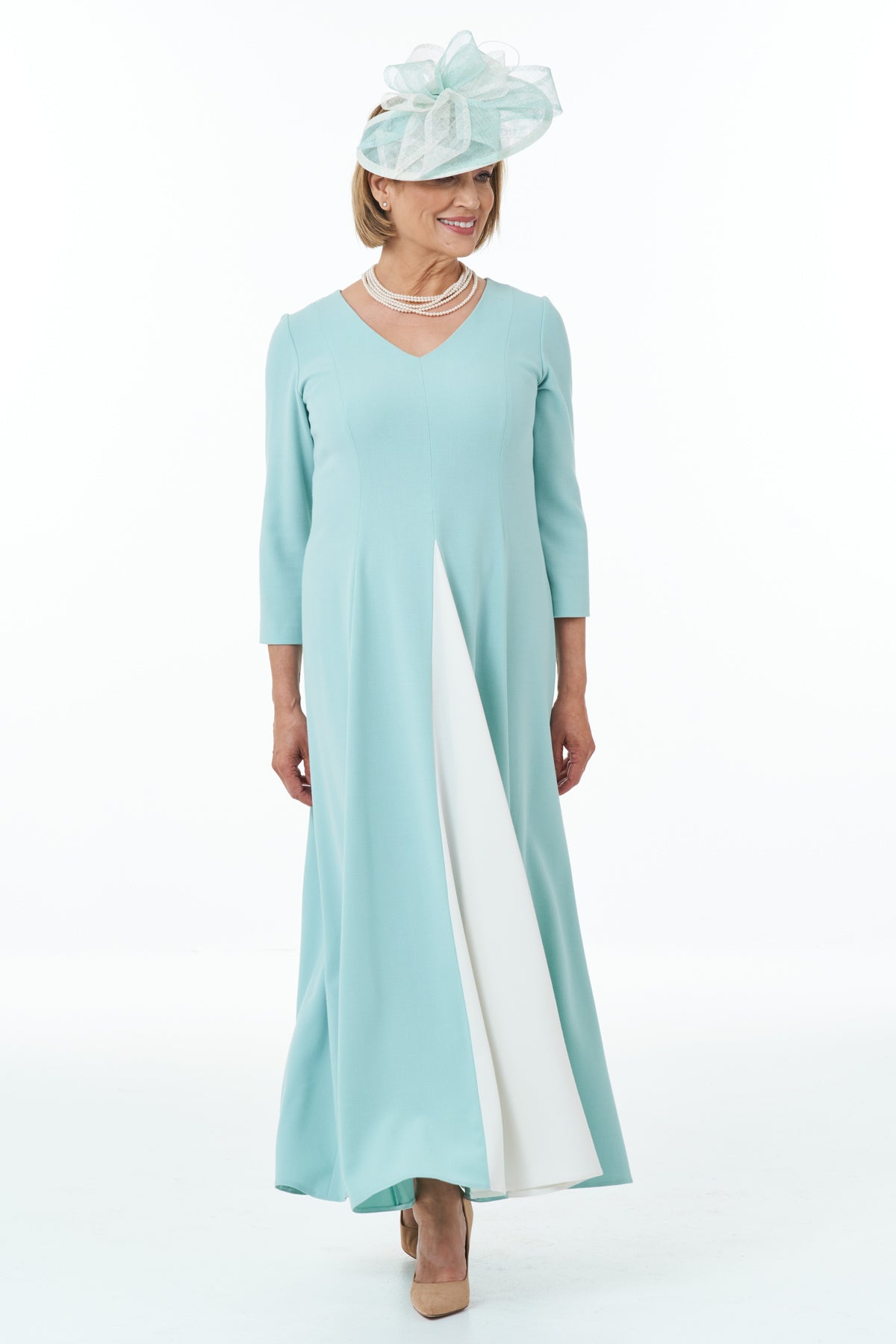 Occasion Wear - Panelled Dress with Contrast Inset in Mint and Ivory