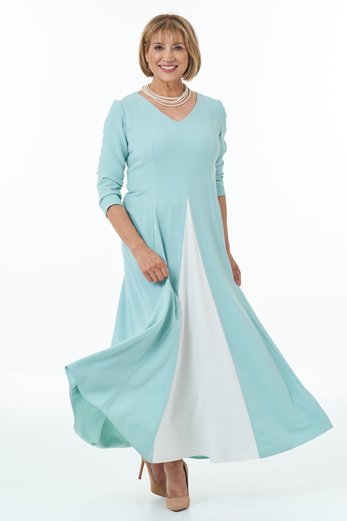 Panelled Dress with Contrast Inset in Mint and Ivory