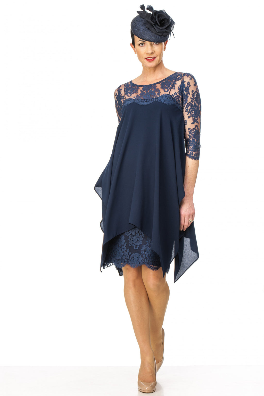 Navy crepe and lace dress