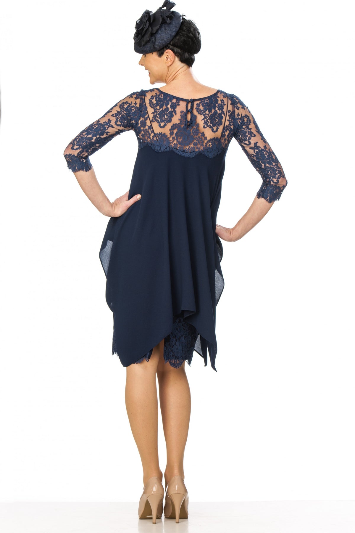Navy crepe and lace dress