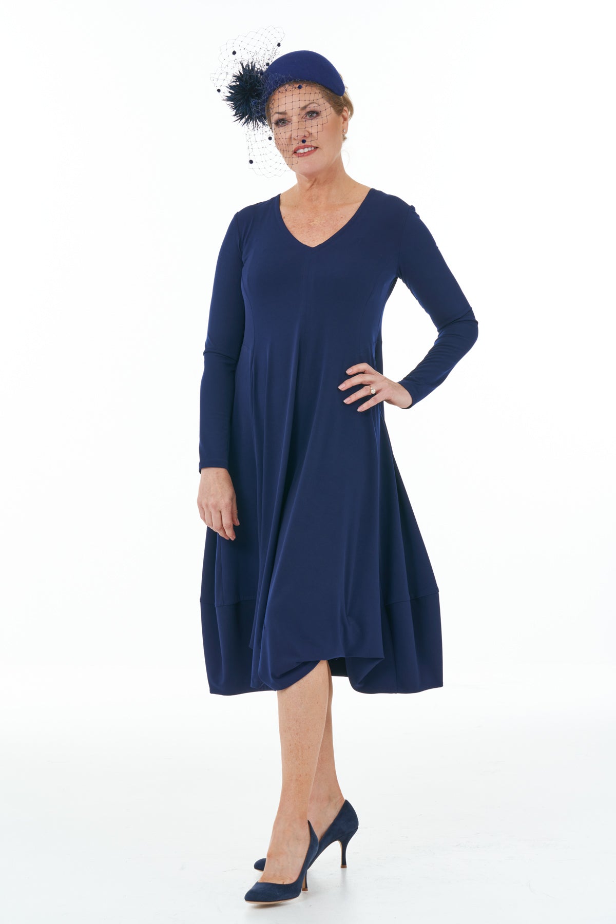 Casual Chic - Long Sleeve Knit Bubble Dress in Navy