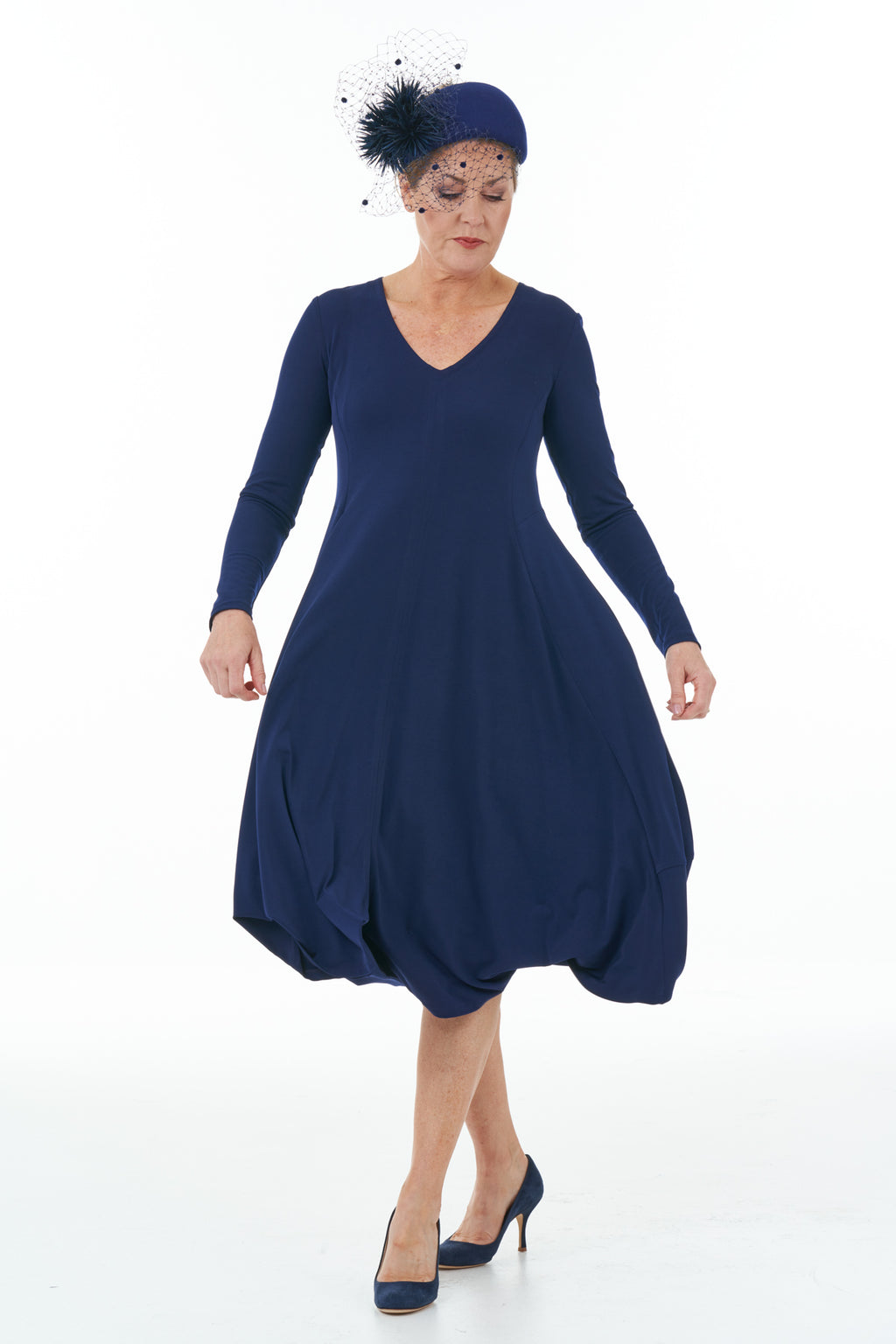 Casual Chic - Long Sleeve Knit Bubble Dress in Navy