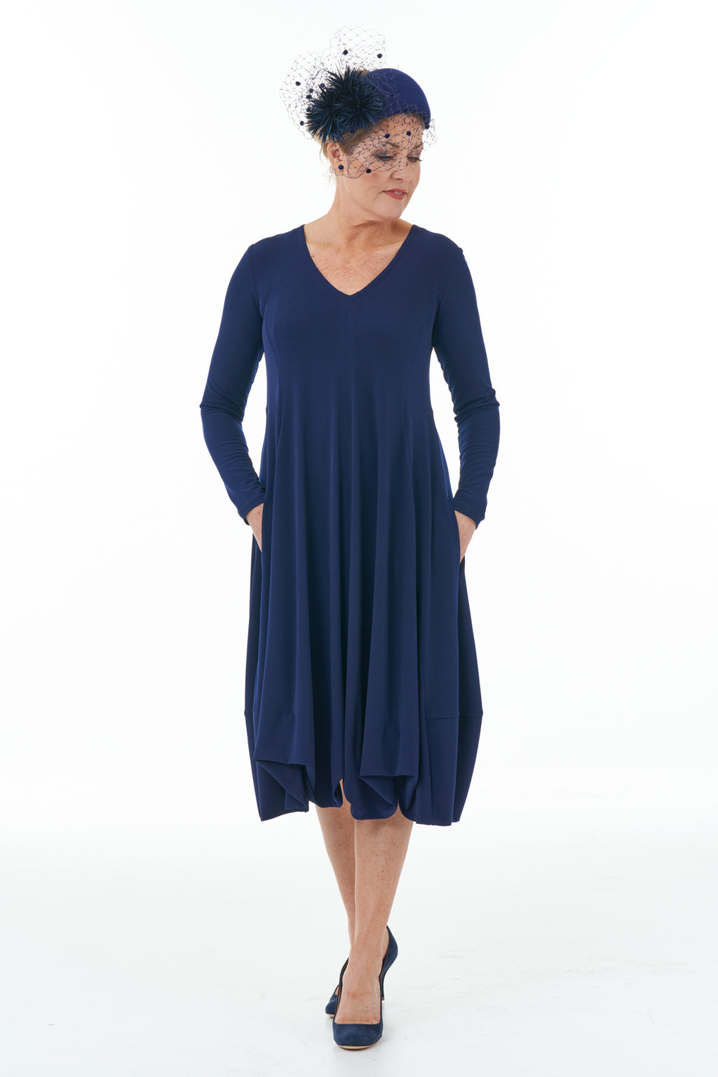 Long Sleeve Knit Bubble Dress in Navy