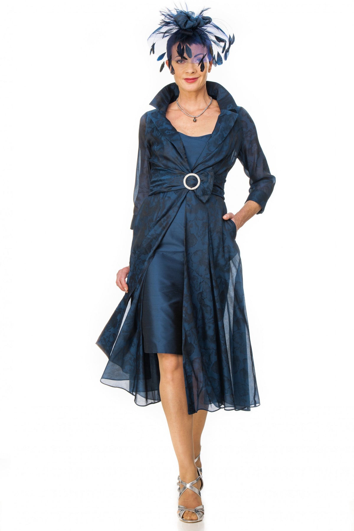 Navy Organza Jacquard Flowing Coat with Silk Dress