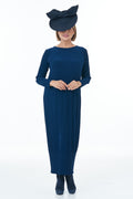 Long Sleeved Pleated Knit Dress in Navy