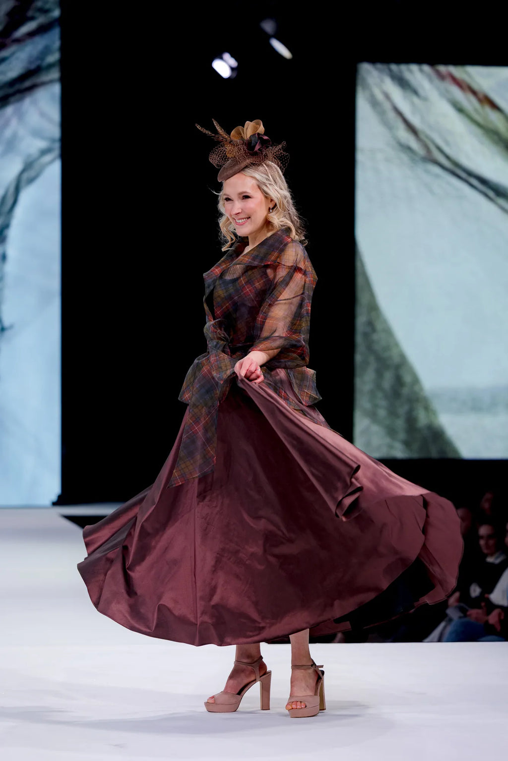 Silk taffeta circular skirt dress with kimono style tartan organza jacket